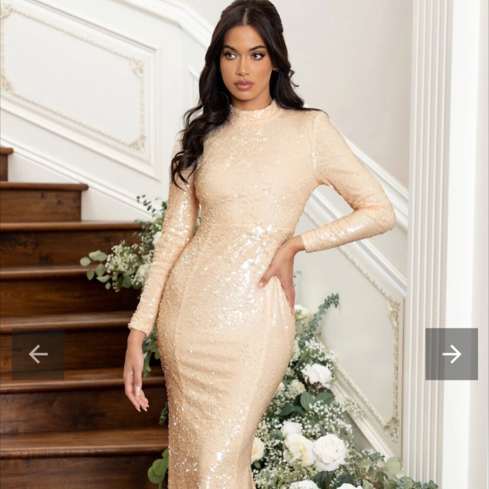 DIAMOND IVORY SEQUIN HIGH NECK OPEN BACK DETAIL FISHTAIL MAXI DRESS